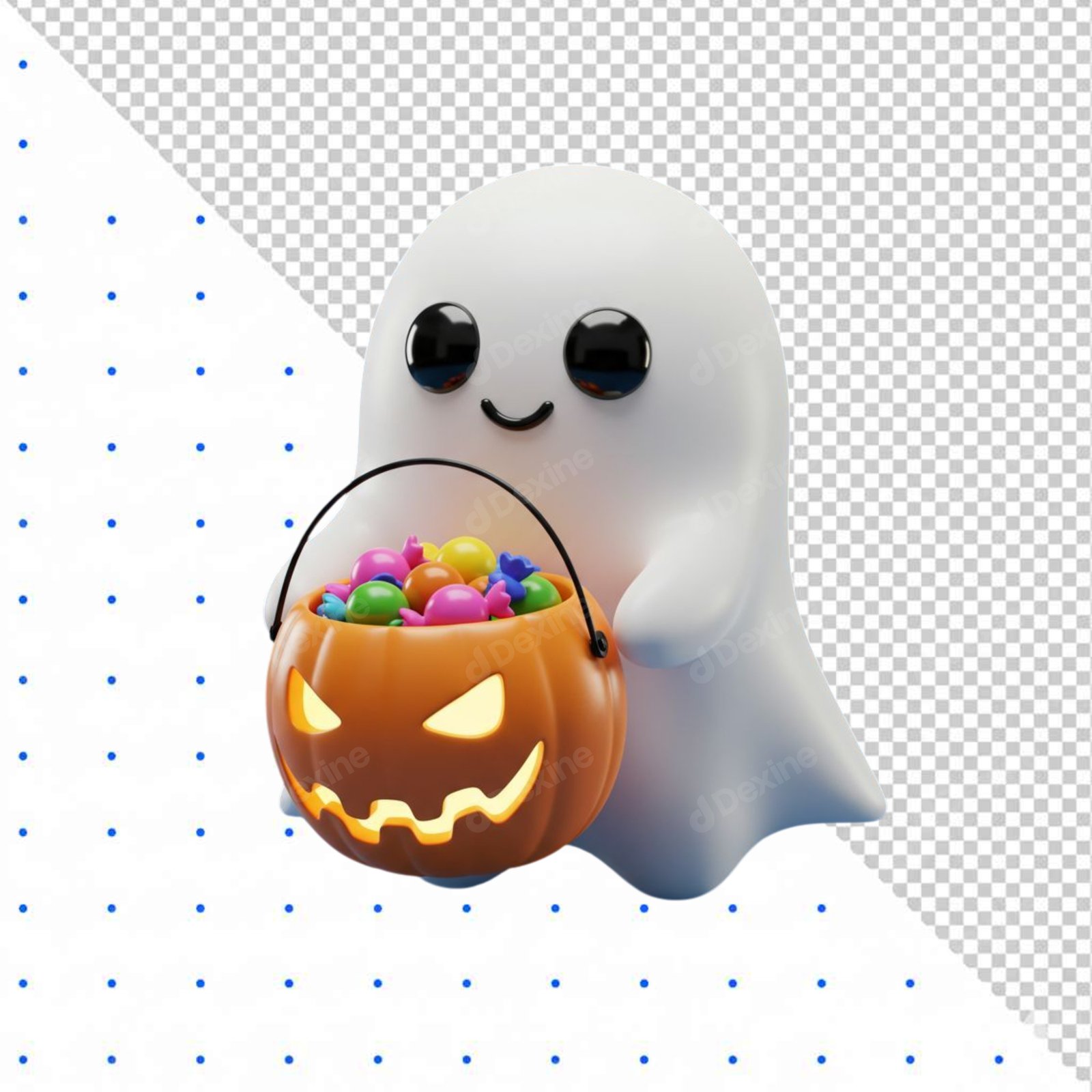 Cute 3D Ghost Character Holding Halloween Candy Pumpkin Bucket Isolated PNG