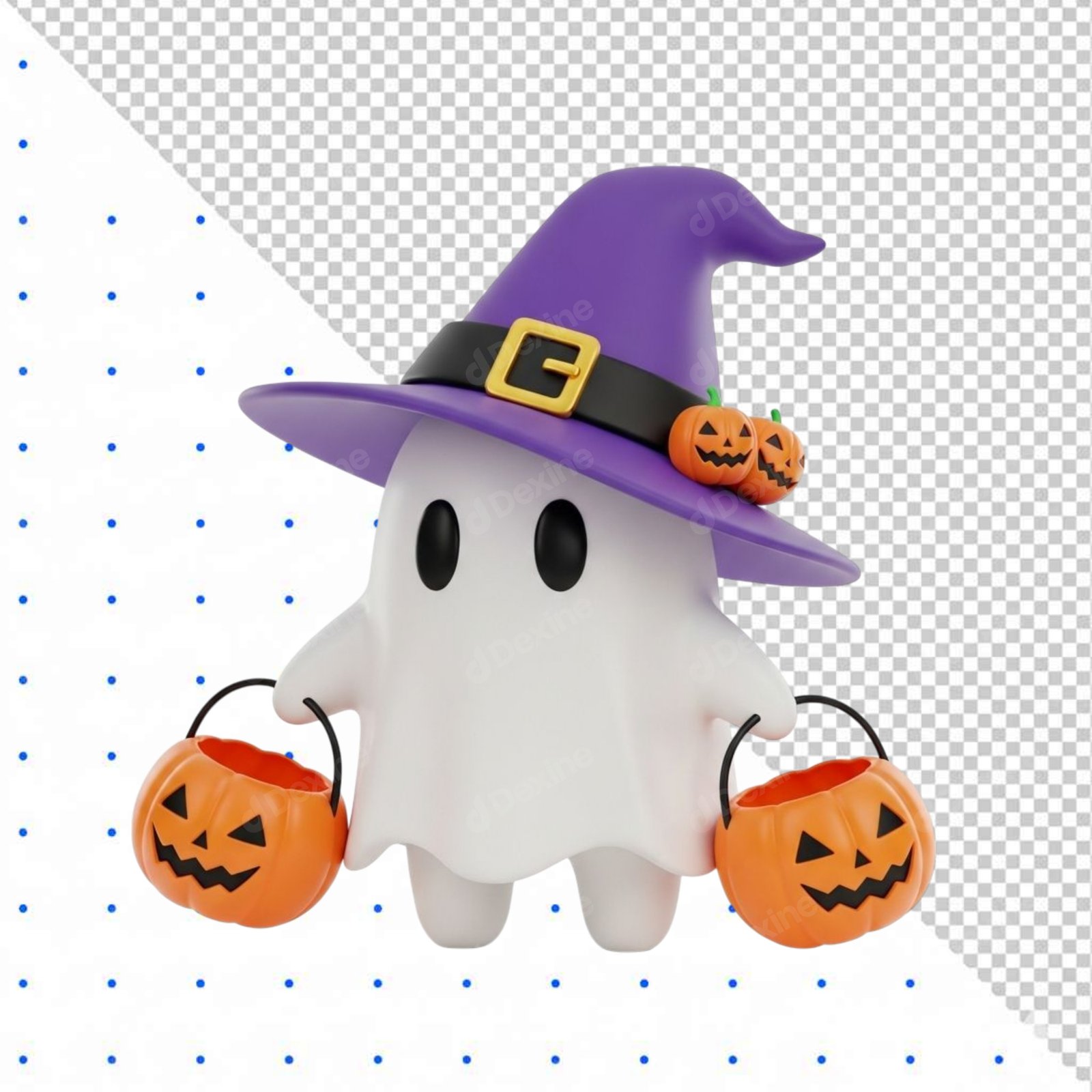 Cute 3D Halloween Ghost Character With Witch Hat And Pumpkin Baskets Isolated PNG