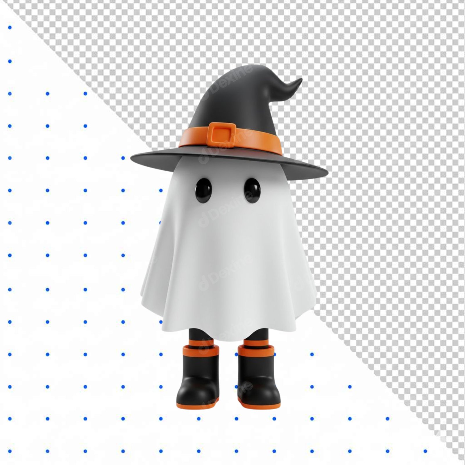 Cute 3D Halloween Ghost Wearing Witch Hat Isolated On Transparent Background