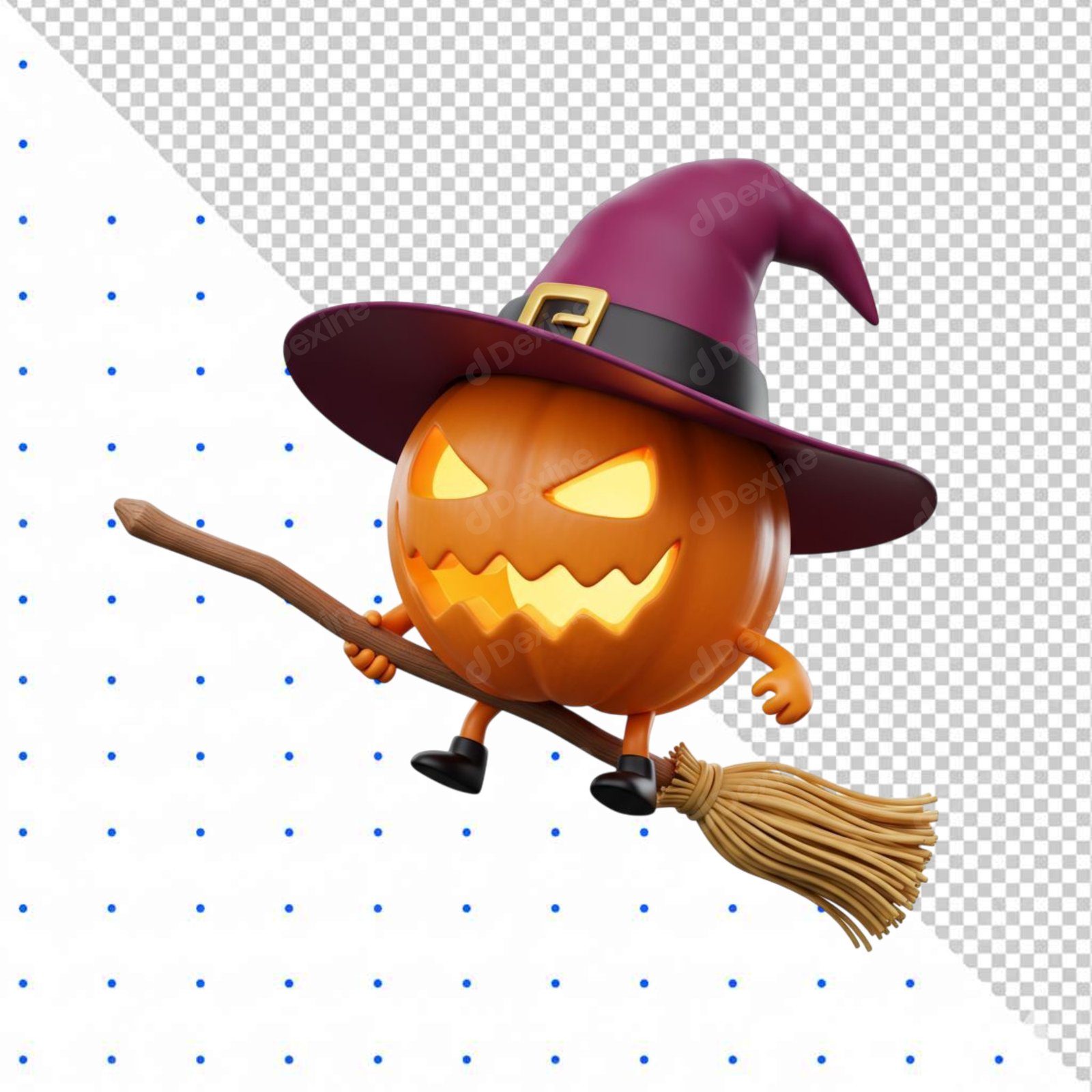 Cute 3D Halloween Jack O Lantern Witch Riding Broomstick Transparent PNG