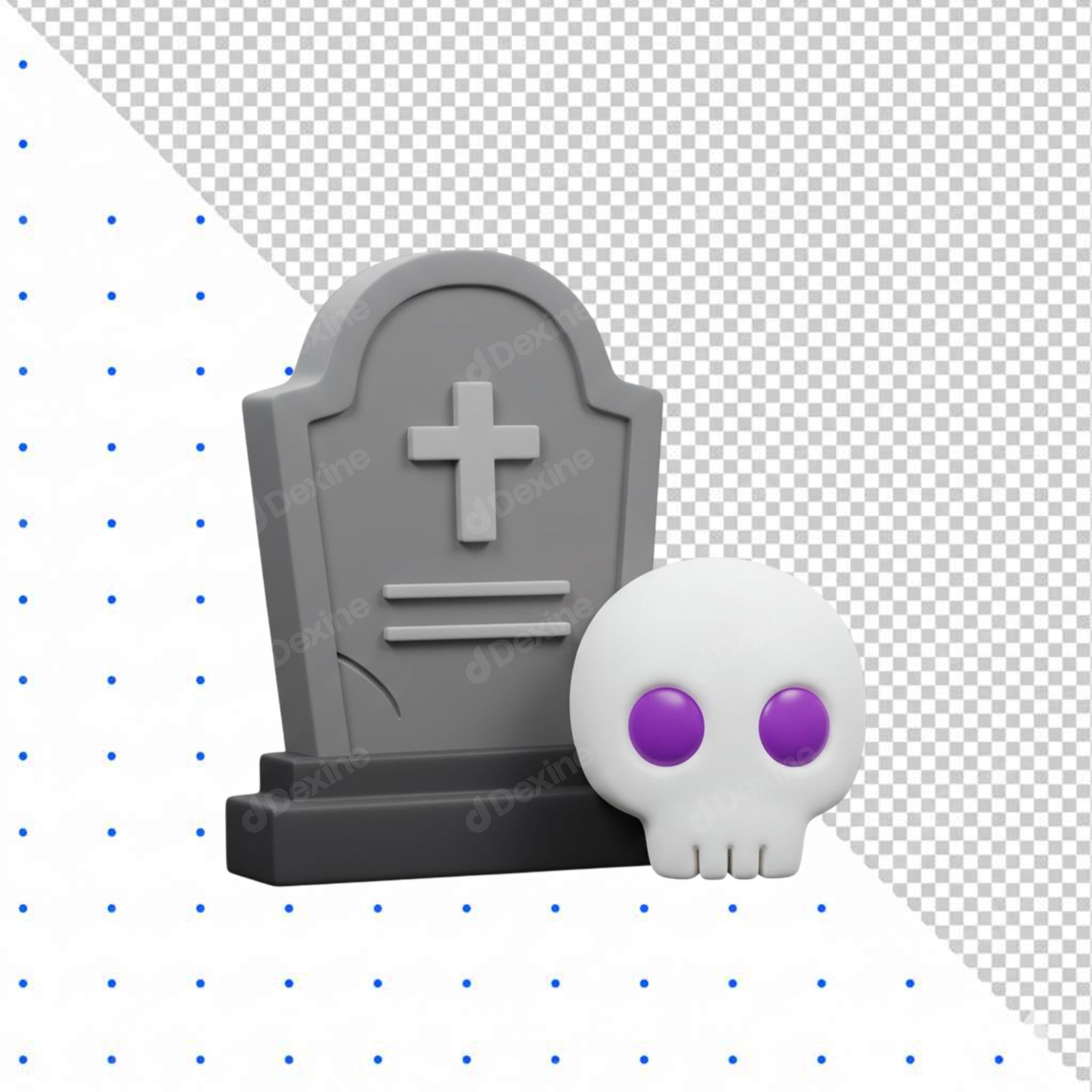 Cute 3D Halloween Skull And Tombstone Isolated PNG Transparent Background