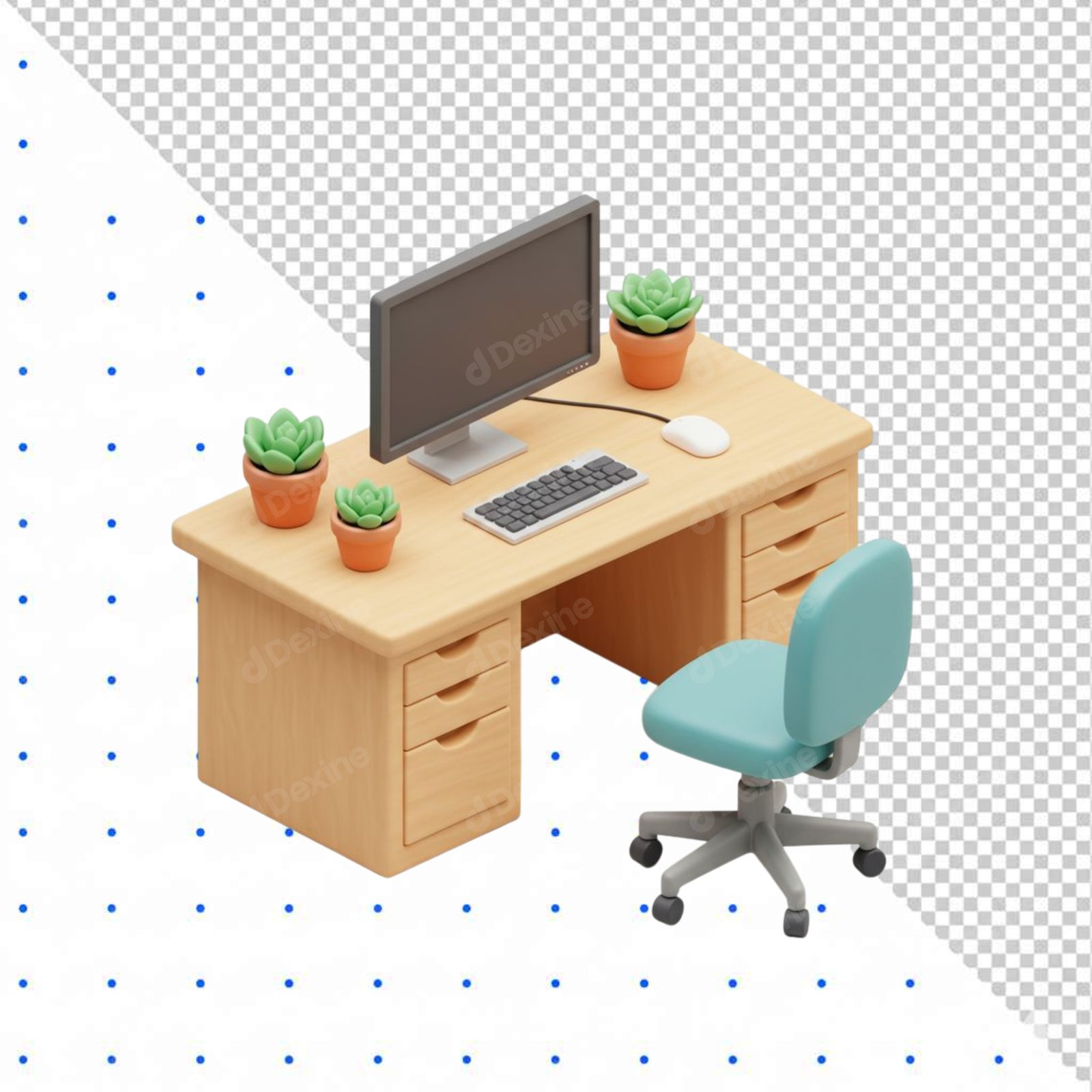 Cute 3D Isometric Home Office Desk And Chair On Transparent Background