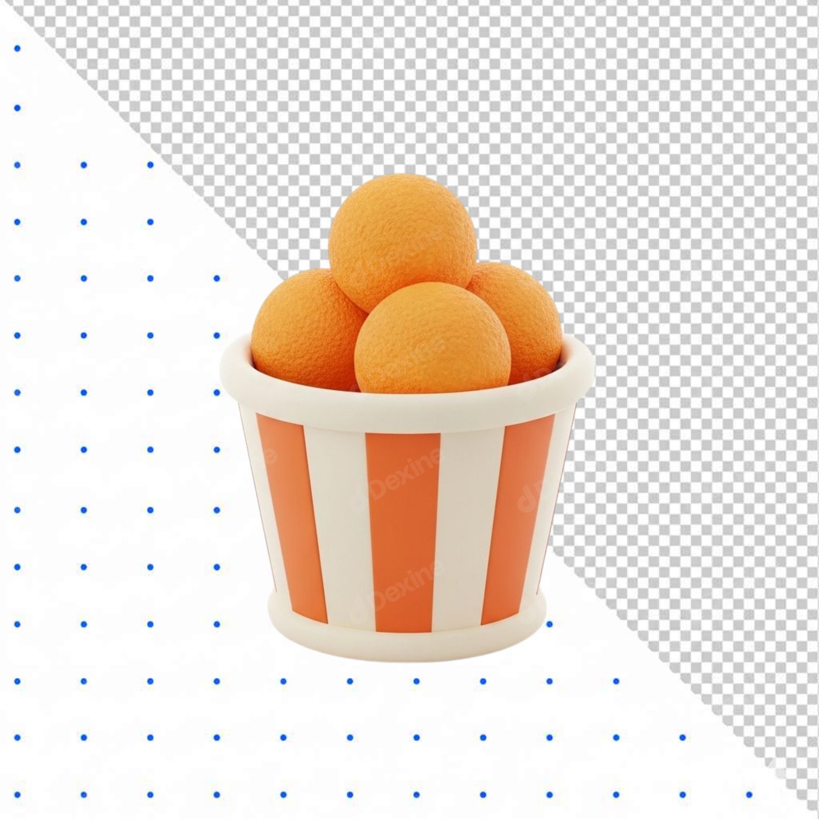 Cute 3D Orange Fritters Snack In Striped Bucket PNG Cutout