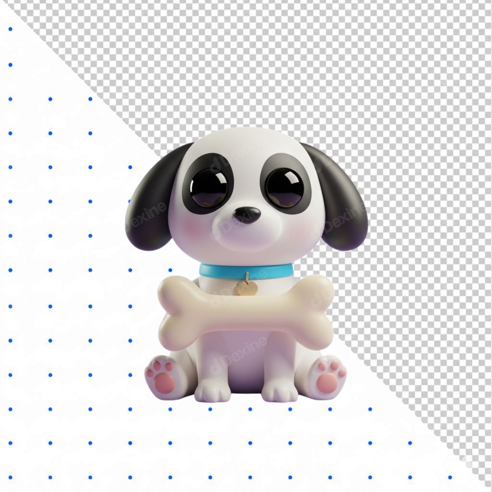 Cute 3D Puppy Dog Holding Bone Isolated PNG Transparent Background