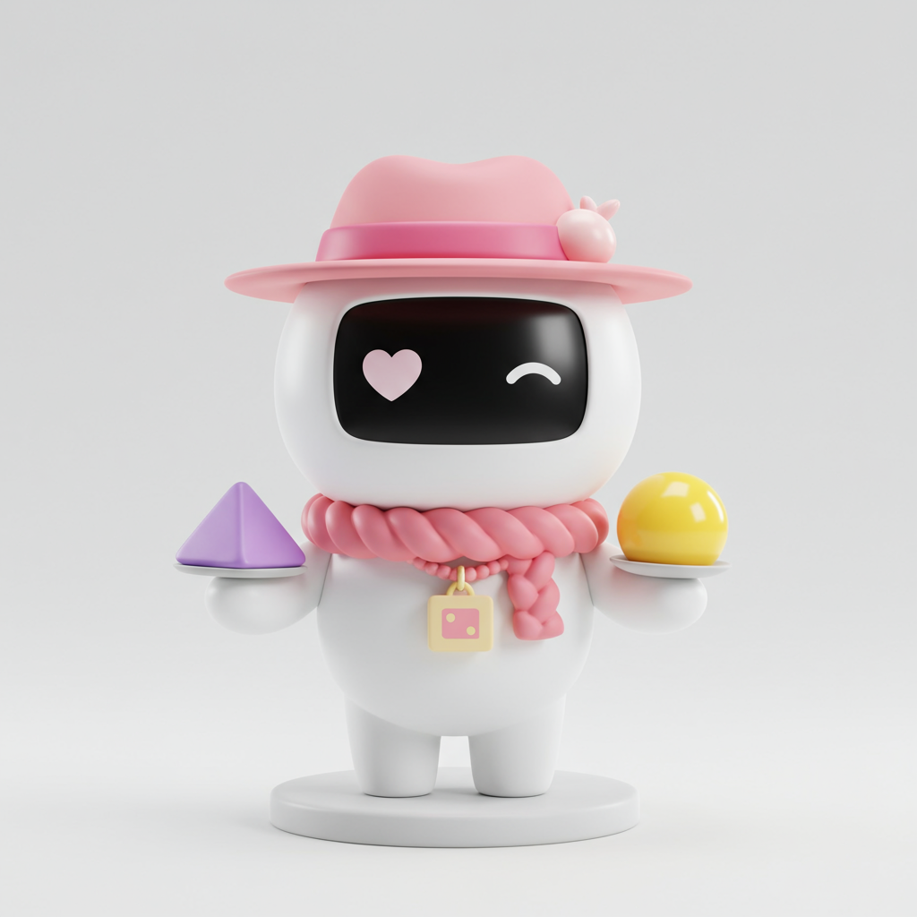 Cute 3D Robot Character In Pink Hat Holding Shapes