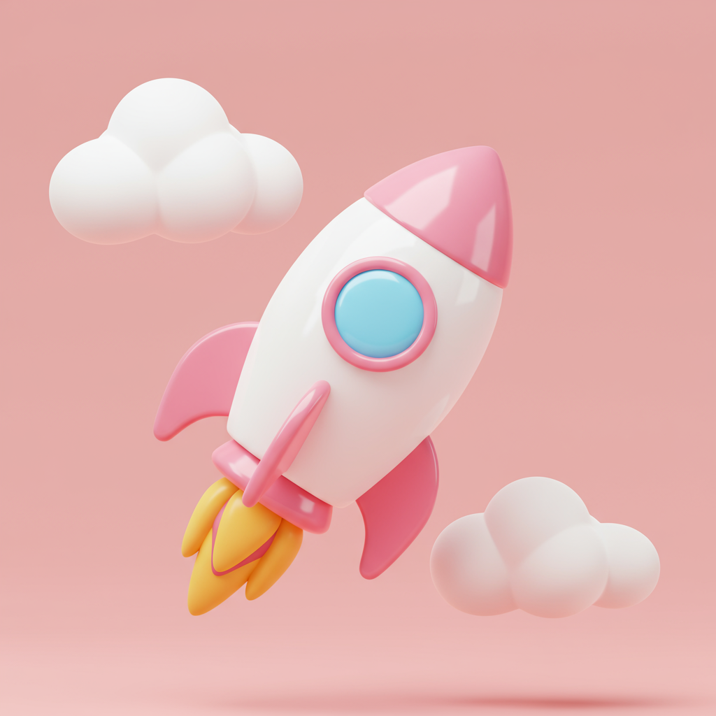 Cute 3D Rocket Ship Launching On Pink Background With Clouds