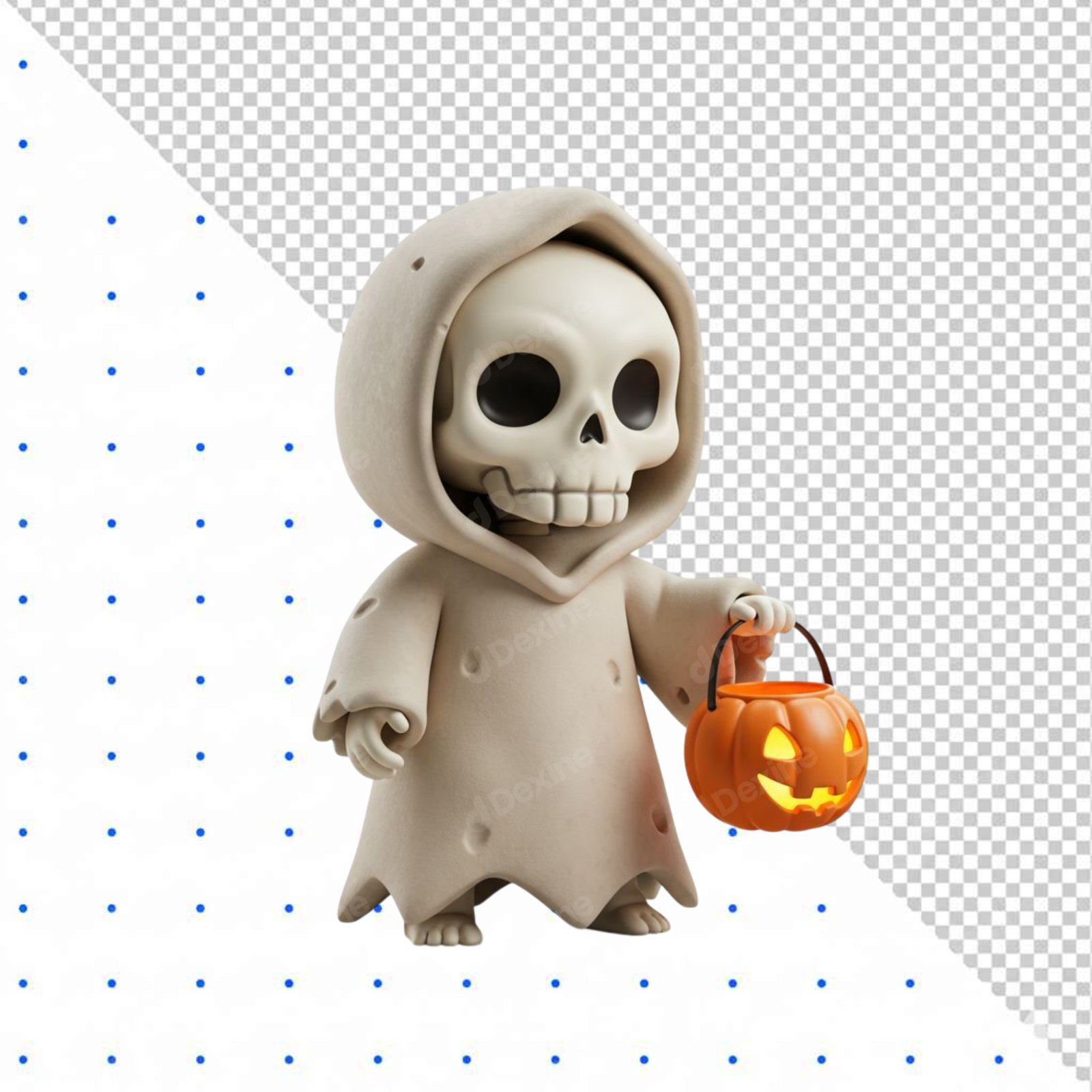 Cute 3D Skeleton Character With Pumpkin Bucket Isolated Transparent PNG