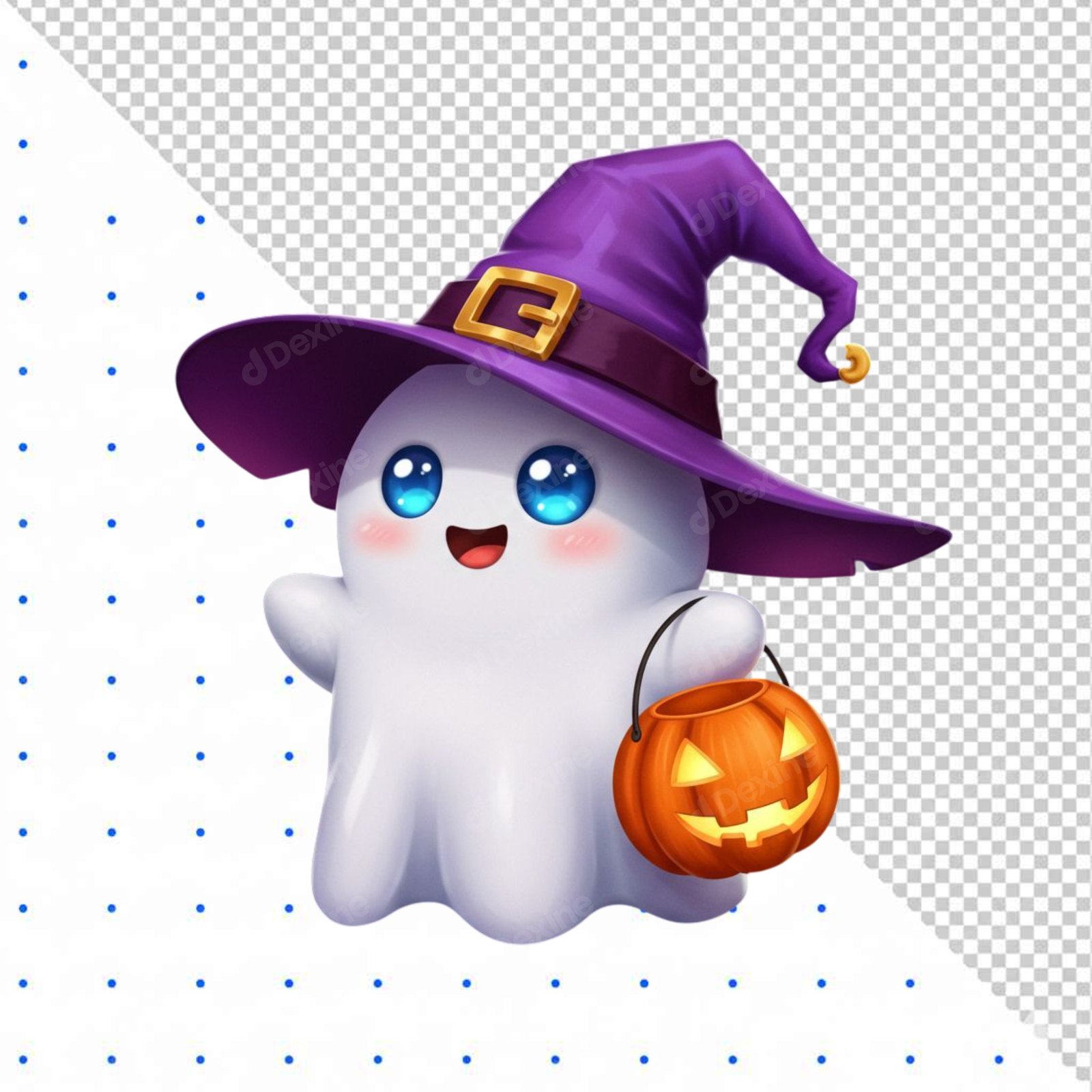 Cute Cartoon Ghost In Witch Hat Holding Jack O Lantern PNG Cutout