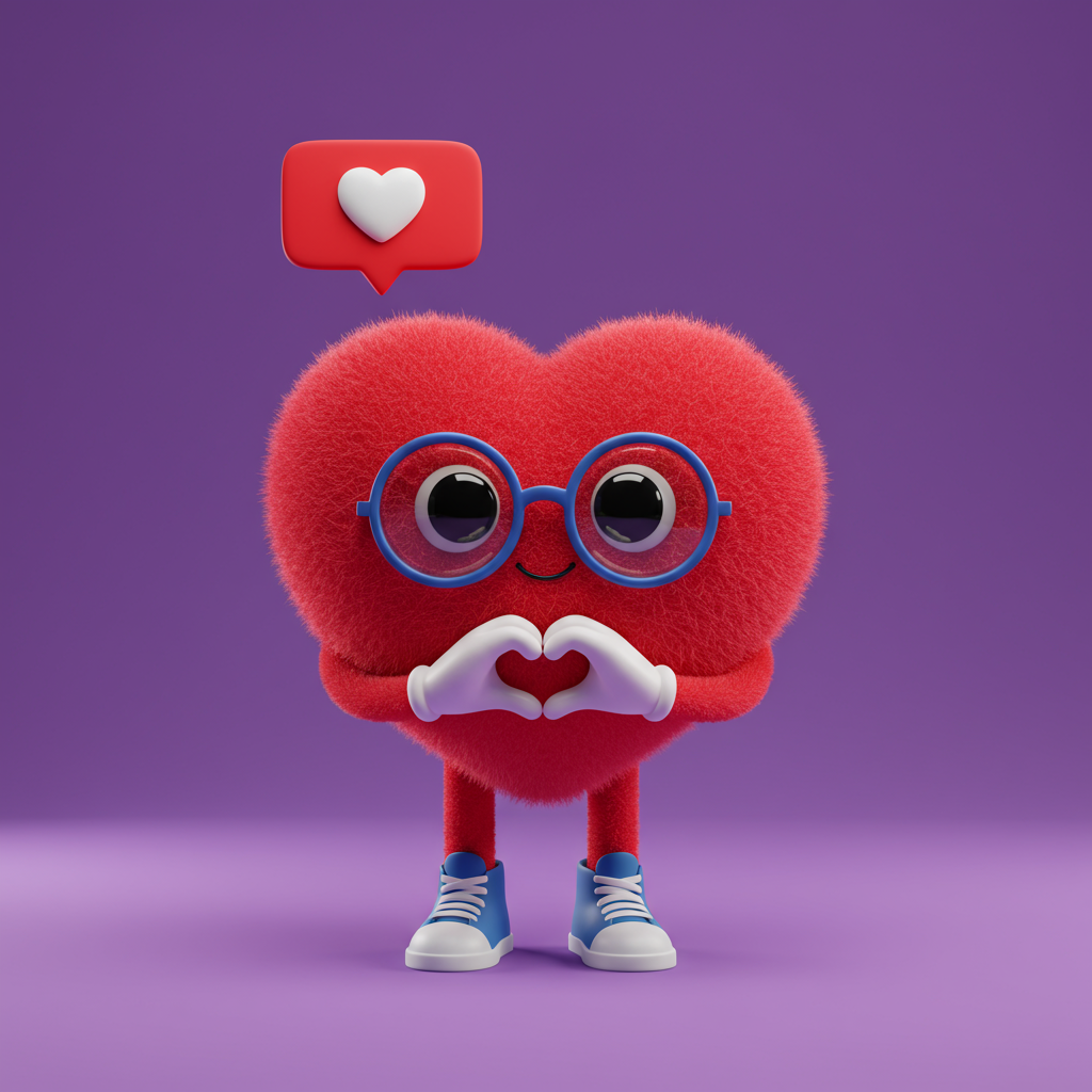 Cute Fluffy Heart Character With Glasses And Social Media Like Icon