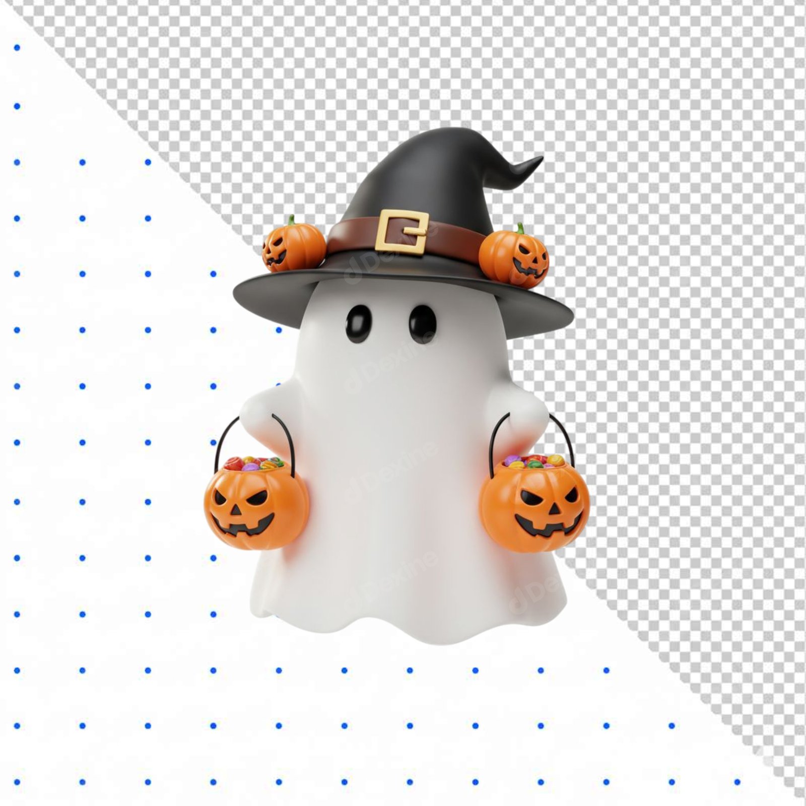 Cute Halloween Ghost 3D Character With Witch Hat And Candy Buckets PNG
