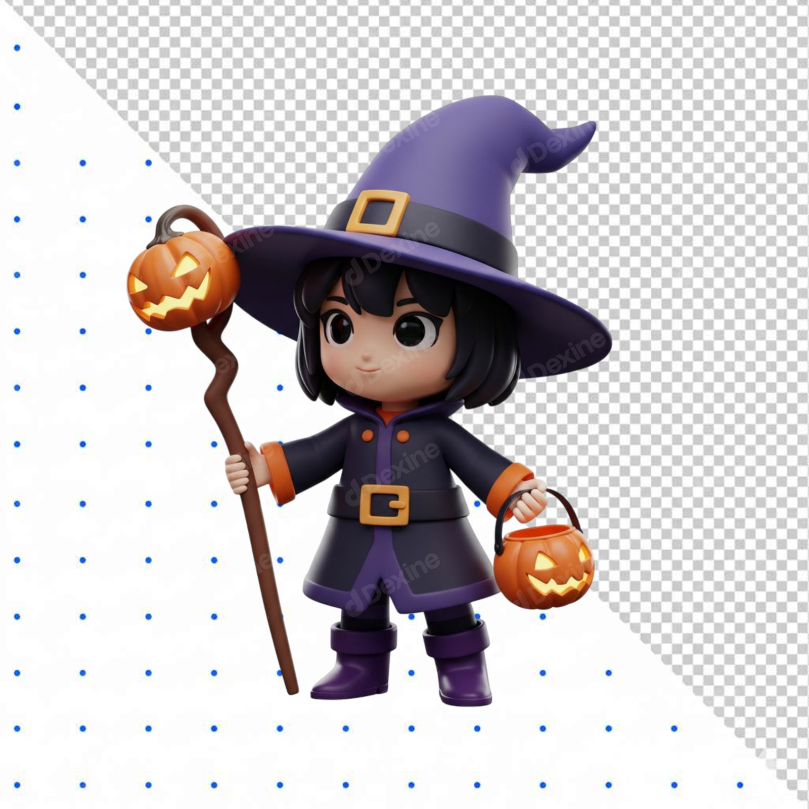 Cute Halloween Witch Character 3D Render PNG Isolated On Transparent Background