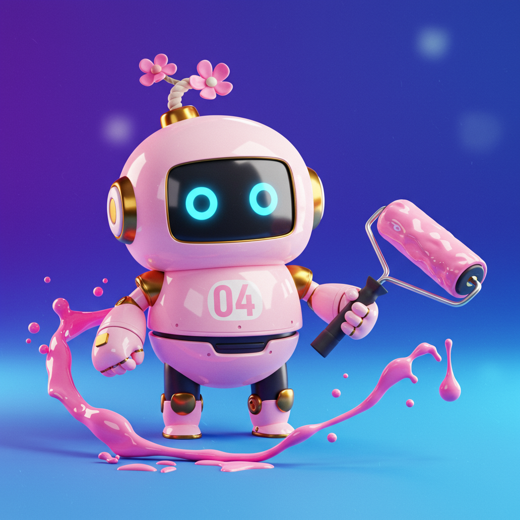 Cute Pink 3D Robot Character Painting With Roller And Splashes