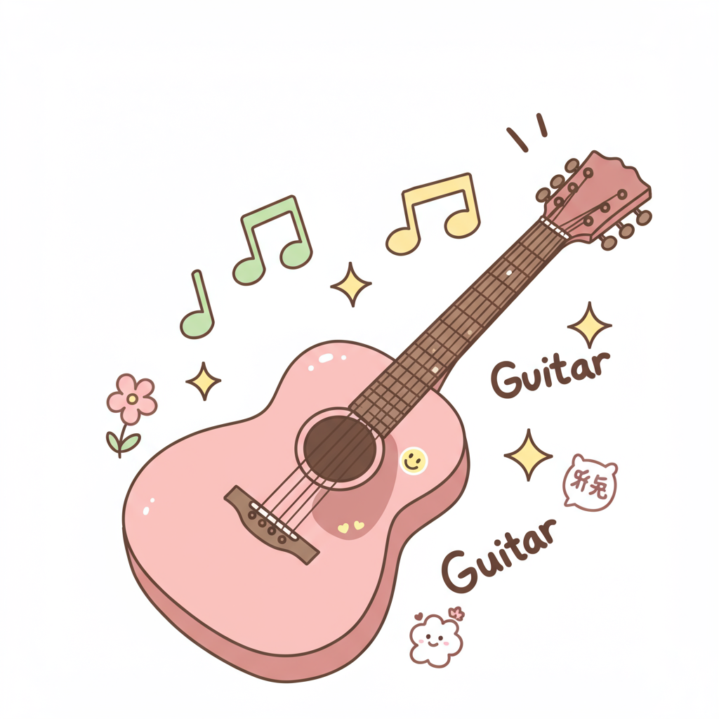 Cute Pink Guitar Illustration With Musical Notes And Kawaii Elements