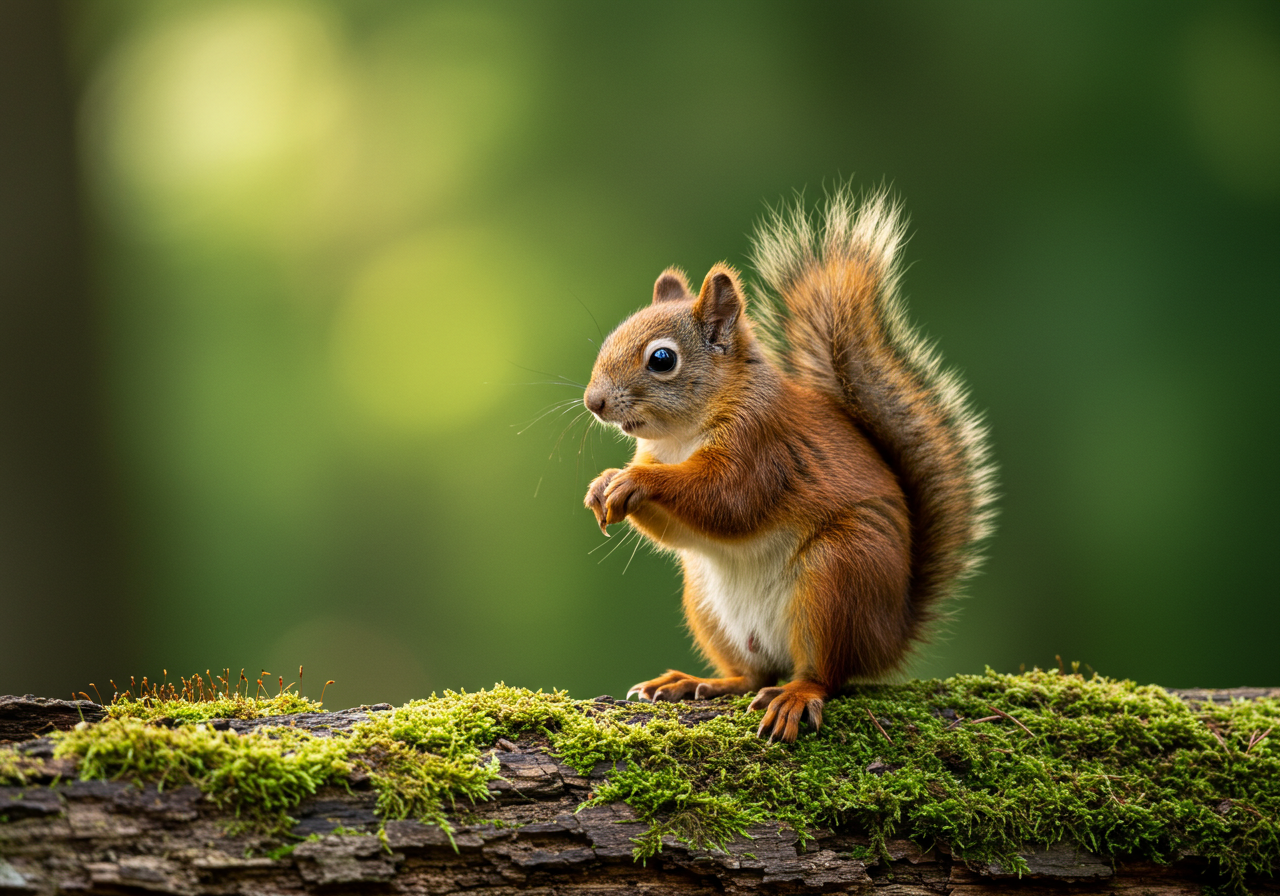 Cute Red Squirrel On Mossy Log In Green Forest Habitat