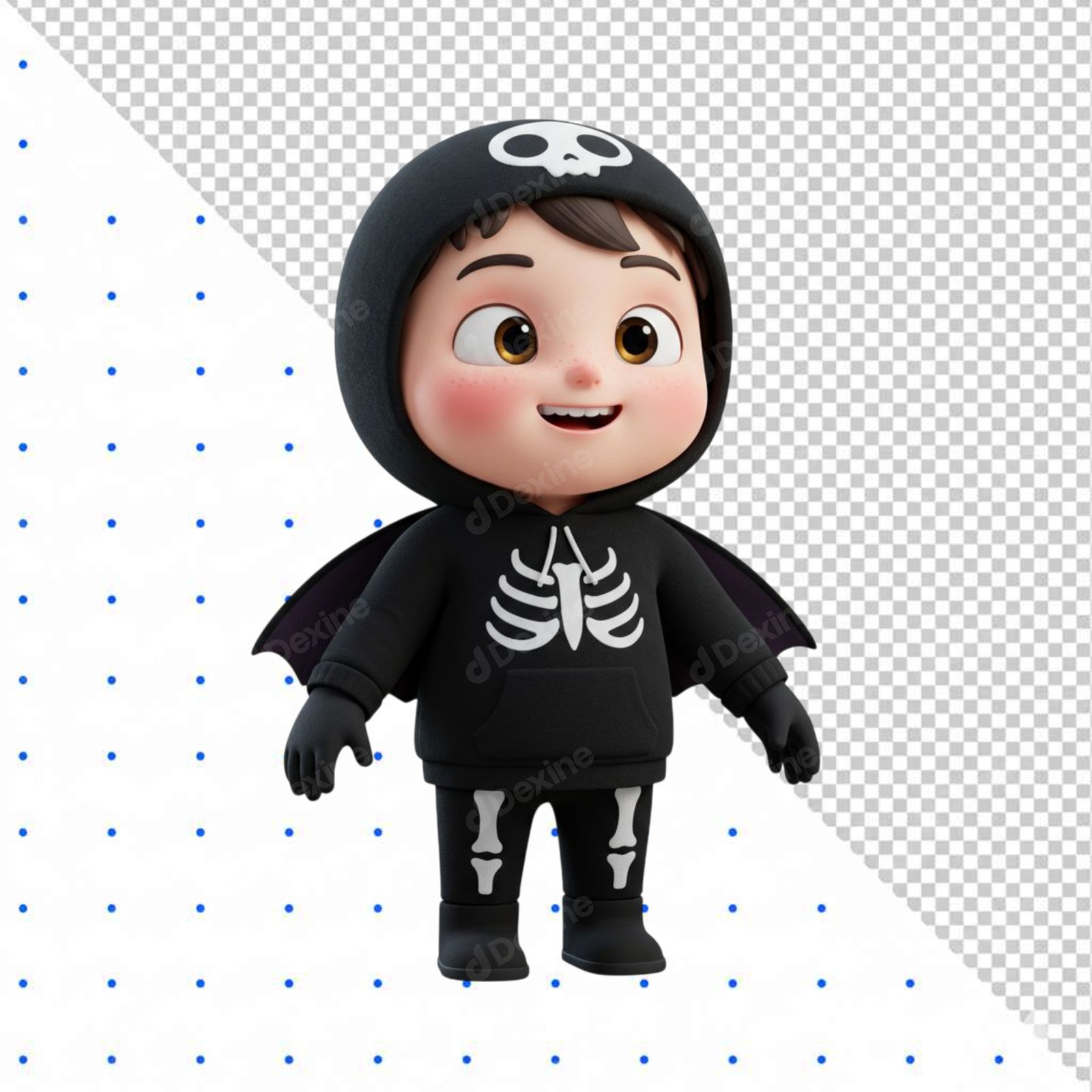 Cute Smiling 3D Character In Skeleton Halloween Costume Cutout PNG