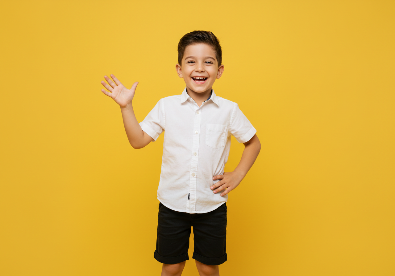 Cute Smiling Boy Waving Hello On Vibrant Yellow Background