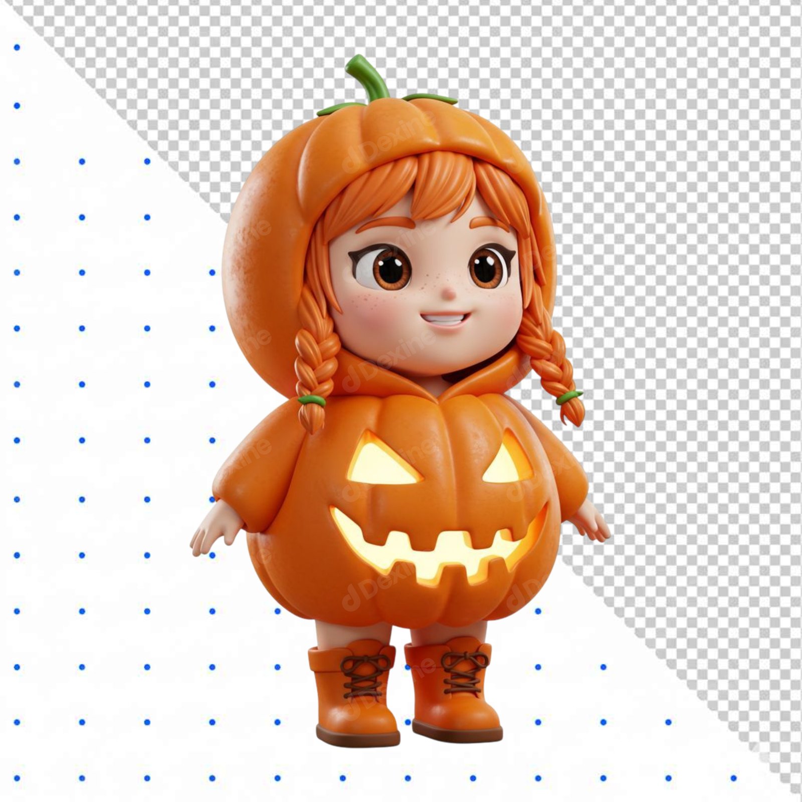 Cute Smiling Girl In Pumpkin Halloween Costume 3D Isolated Transparent PNG