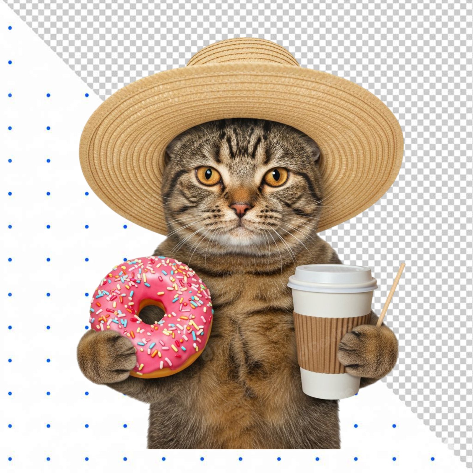 Cute Tabby Cat In Straw Hat With Donut And Coffee PNG Cutout