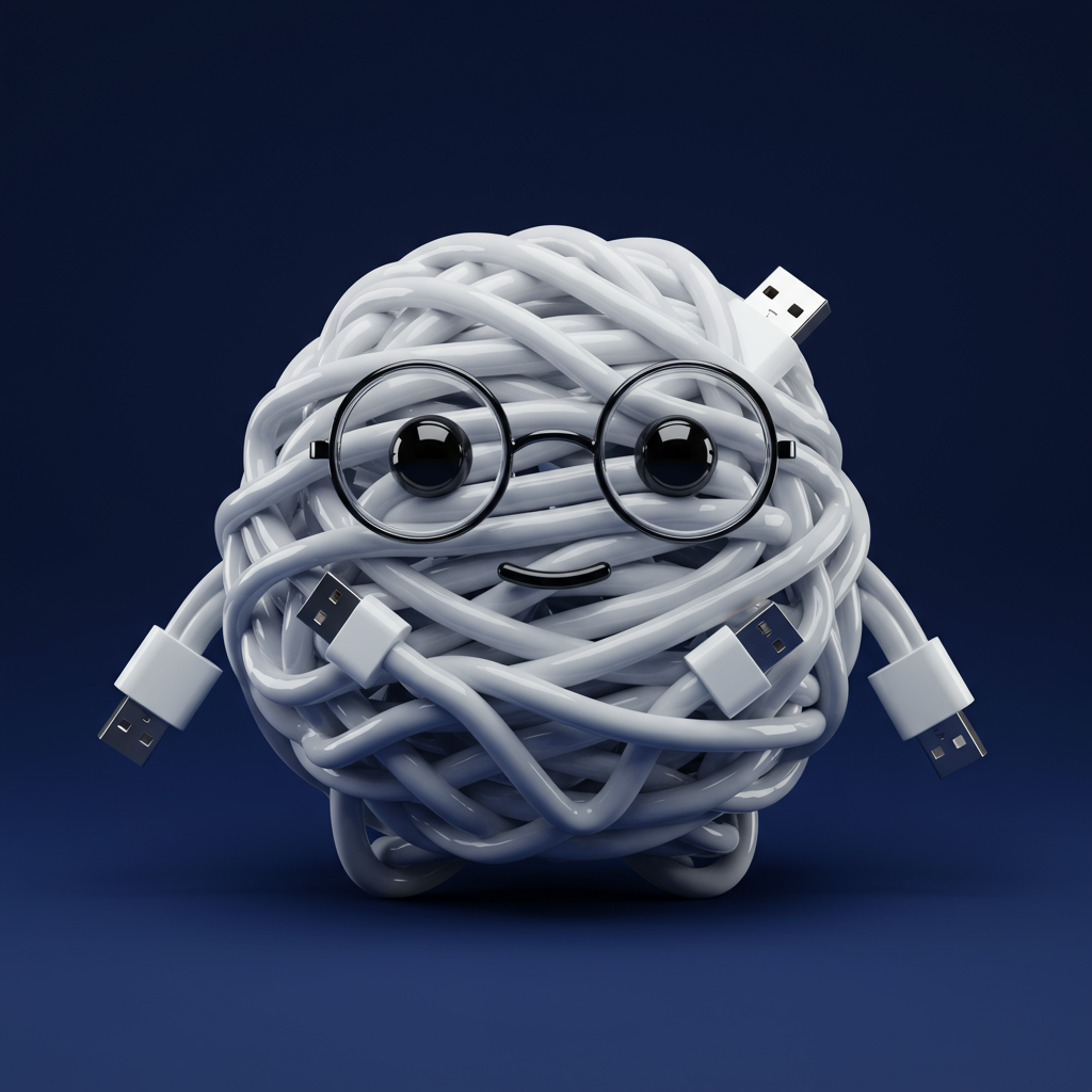 Cute Tangled USB Cable Character Wearing Glasses