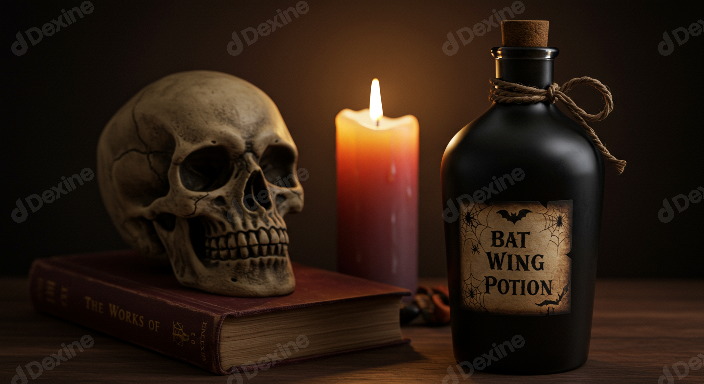 Dark Fantasy Still Life With Skull Potion Bottle And Flickering Candle