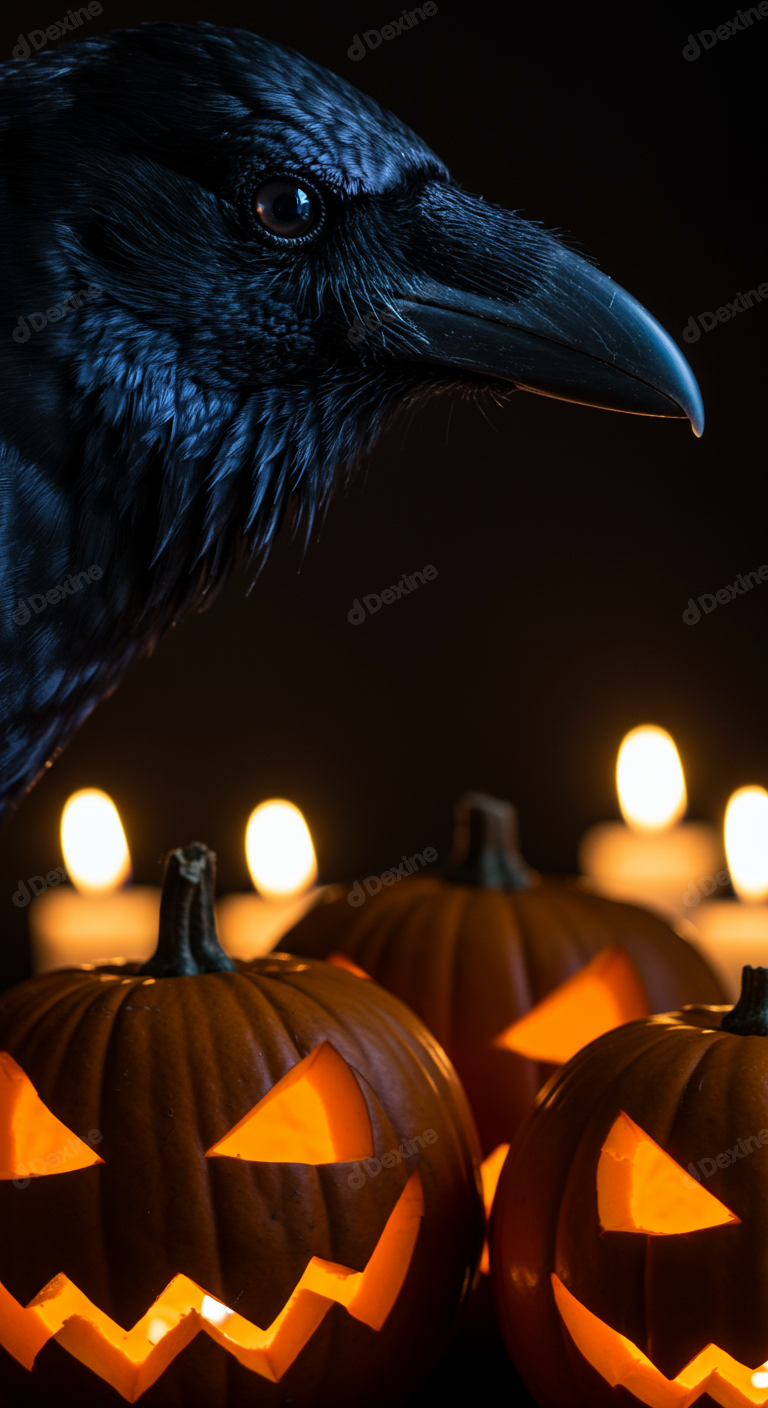 Dark Raven Gaze Over Lit Halloween Pumpkins