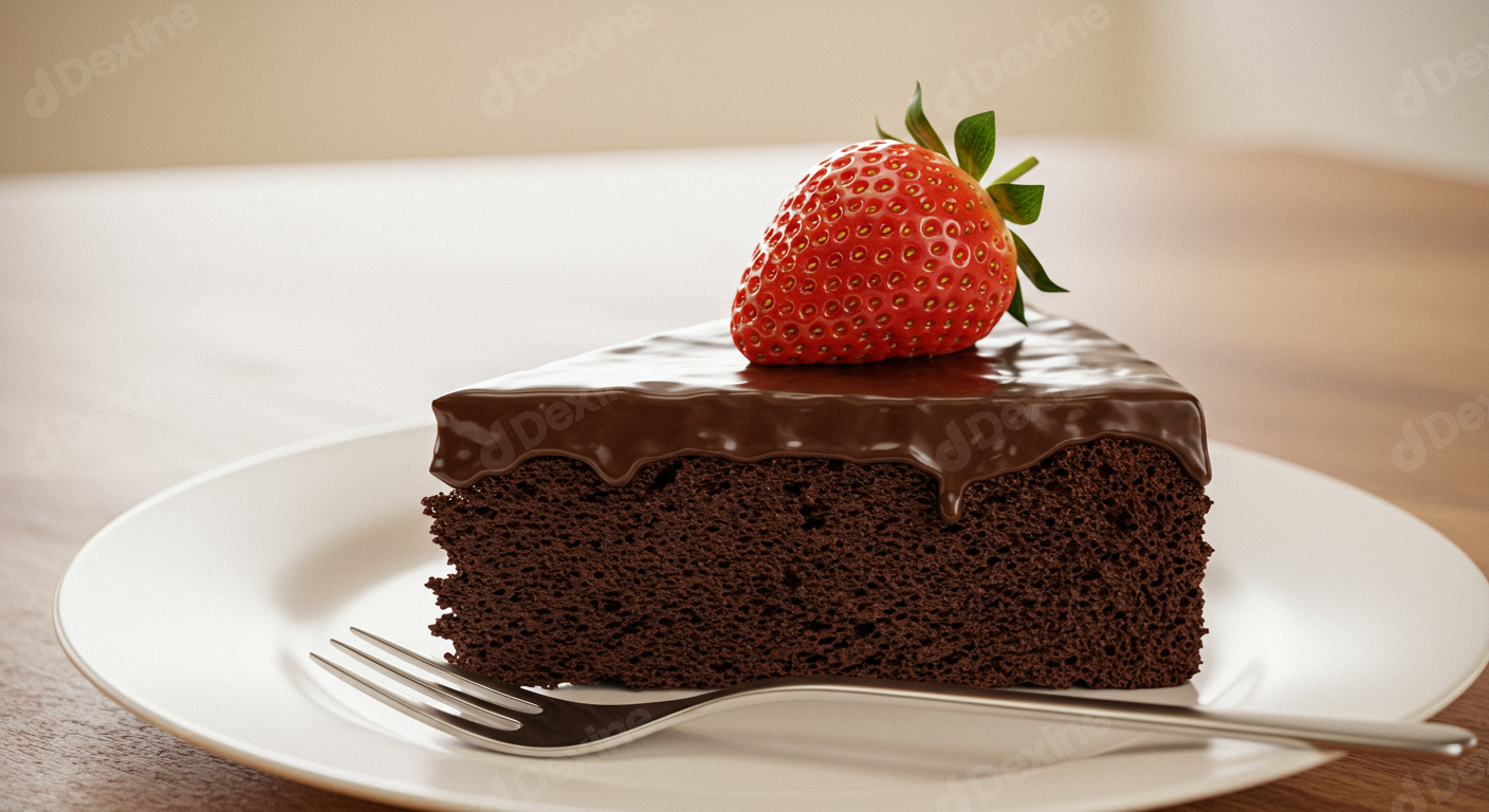 Decadent Chocolate Cake Slice Topped With Fresh Strawberry On A White Plate