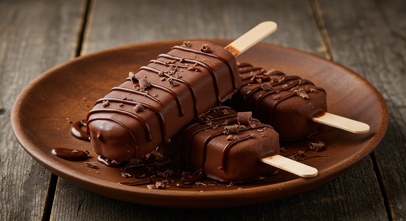 Decadent Chocolate Ice Cream Bars With Drizzle And Shavings On Wood