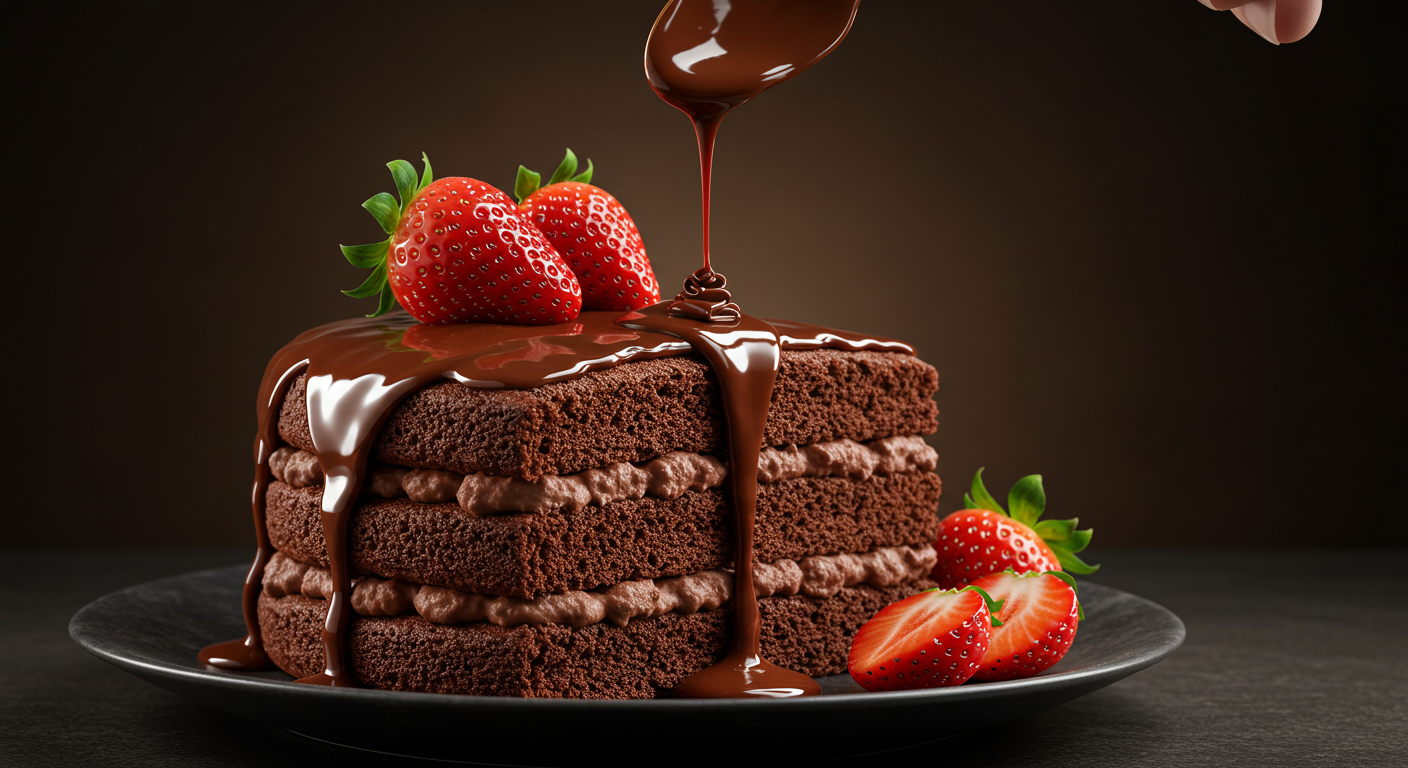 Decadent Chocolate Layer Cake With Fresh Strawberries And Sauce