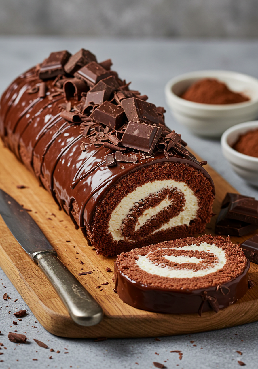 Decadent Chocolate Swiss Roll With Cream Filling And Ganache Topping