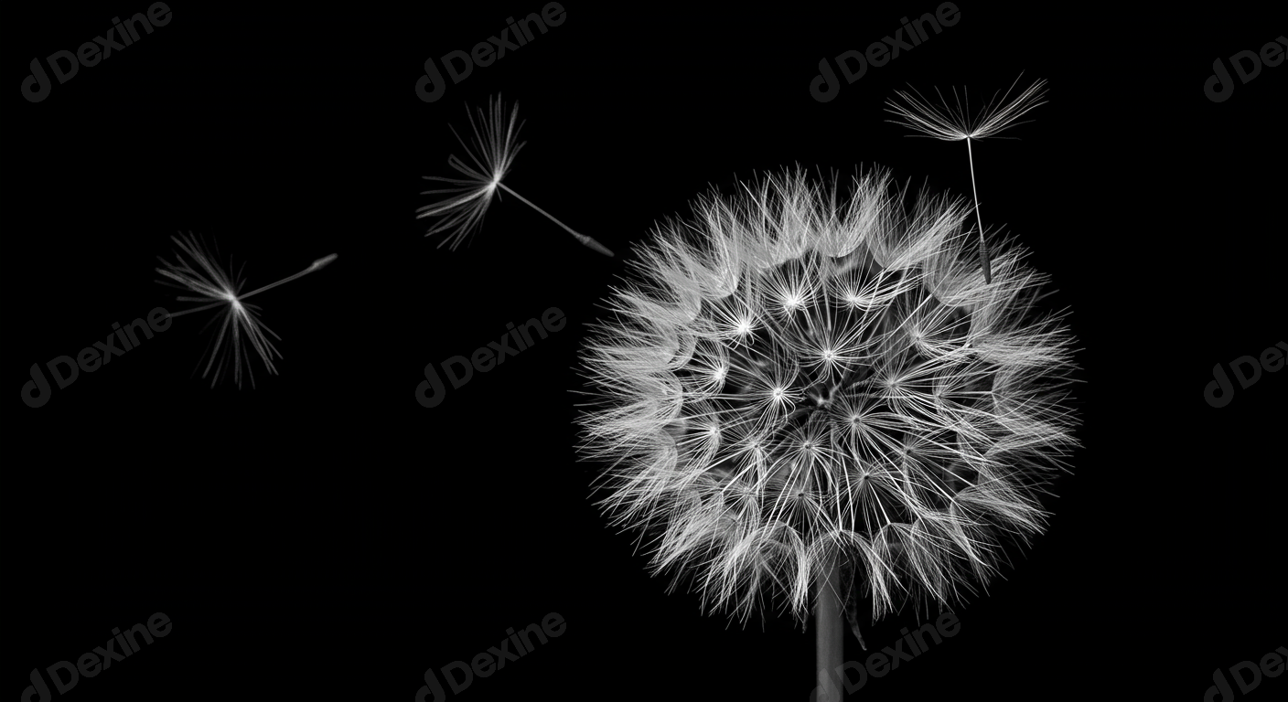 Delicate Dandelion Seeds Flying Against Dark Black Background
