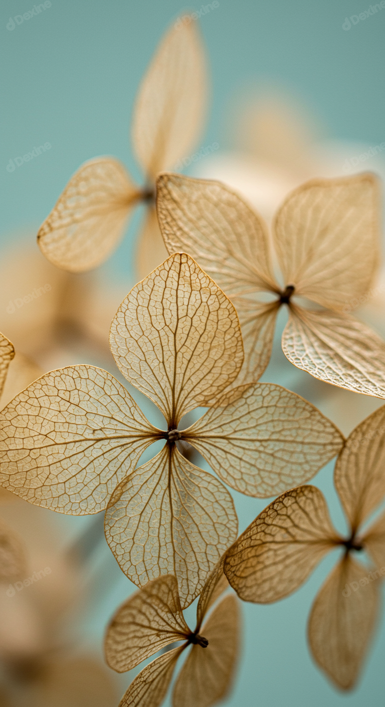 Delicate Dried Hydrangea Petals With Intricate Veins On Blue Background