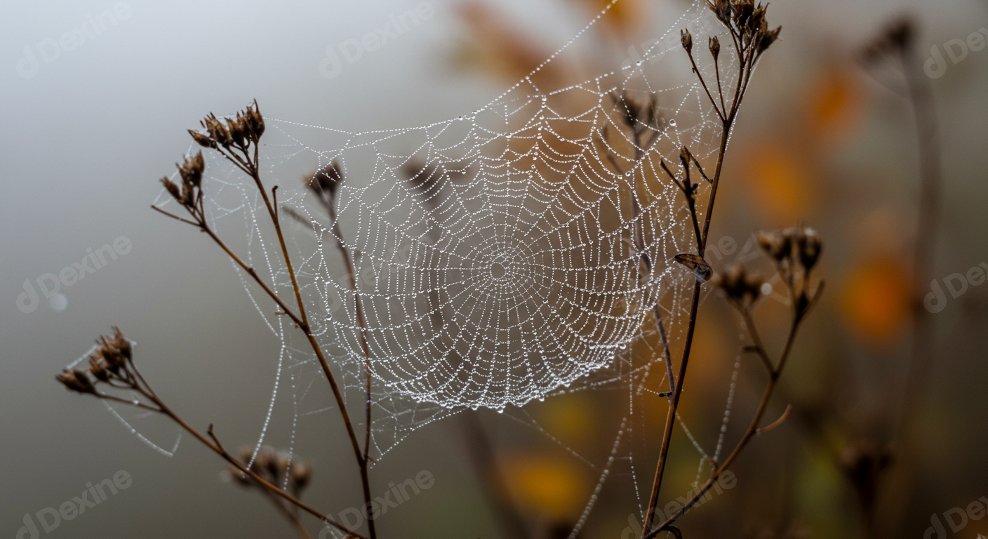 Delicate Spiderweb Covered In Morning Dew Drops On Dry Plant Stems