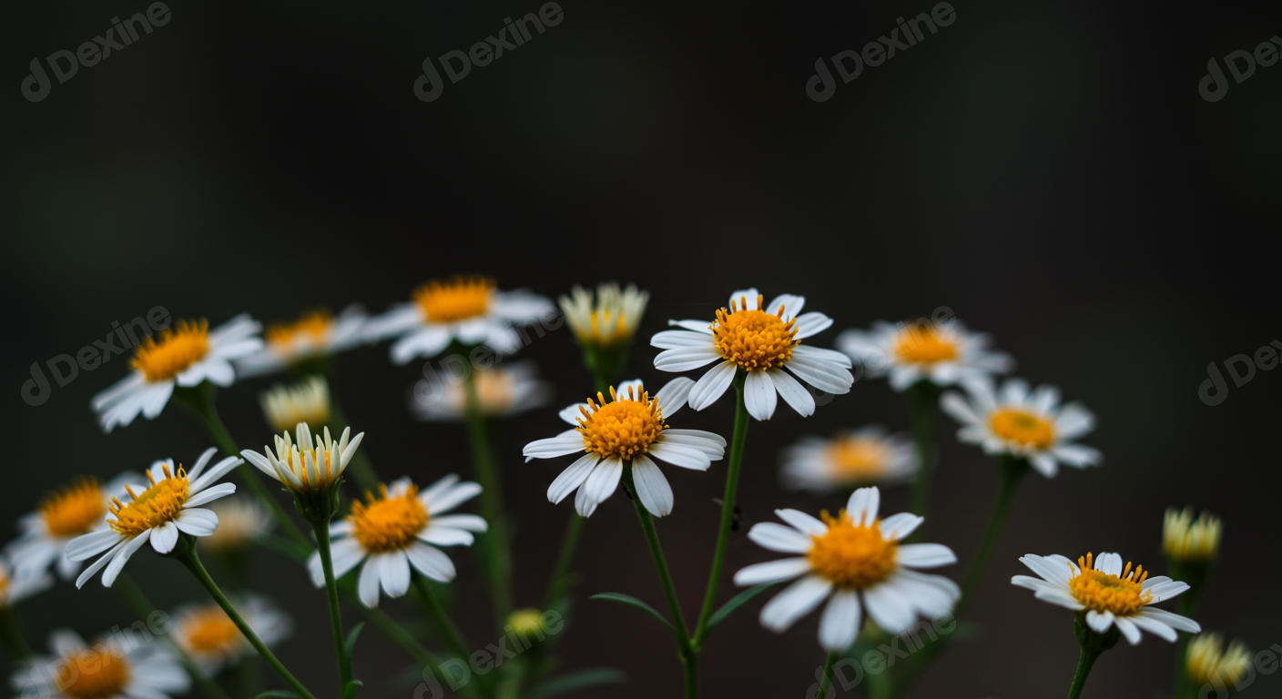 Delicate White Daisies With Bright Yellow Centers On Dark Background