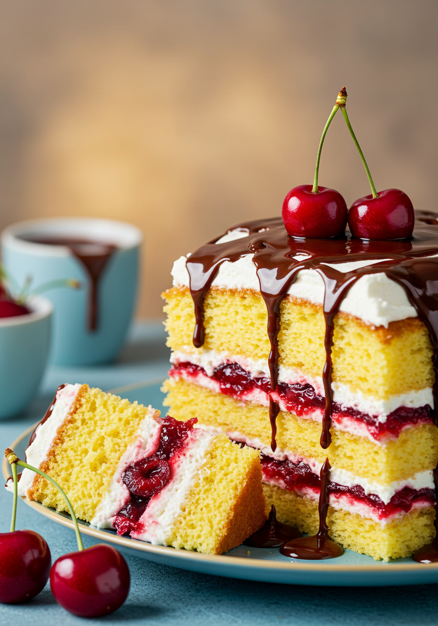 Delicious Cherry Chocolate Layer Cake With Cream And Drizzle