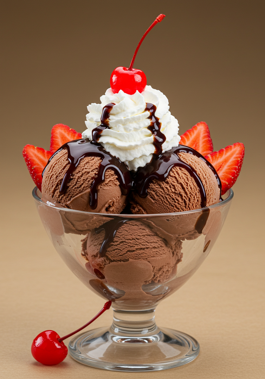 Delicious Chocolate Ice Cream Sundae With Strawberries And Cherry