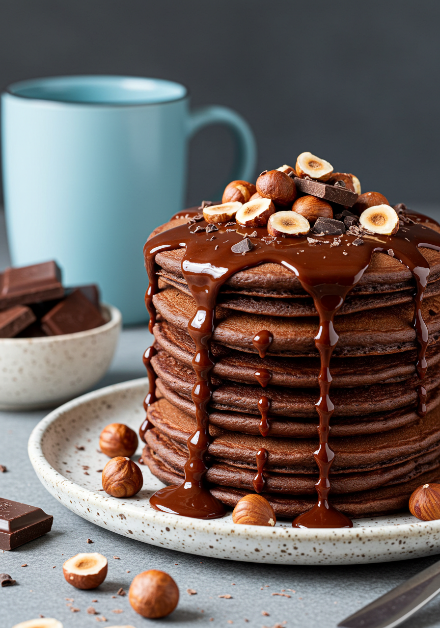 Delicious Chocolate Pancakes Stack With Hazelnuts And Syrup Drizzle