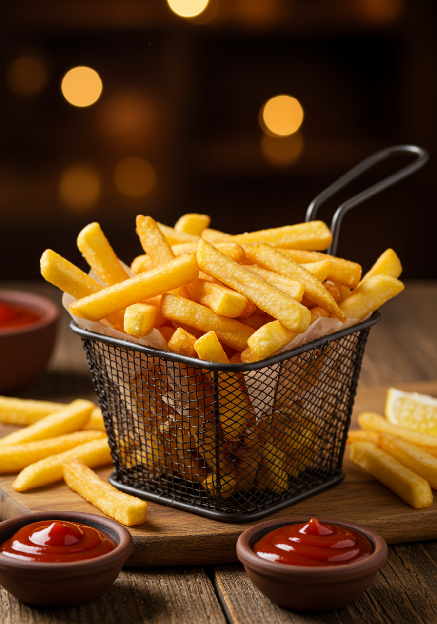 Delicious Crispy French Fries With Ketchup Served On Rustic Wood