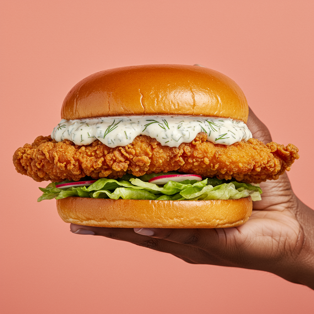 Delicious Crispy Fried Chicken Sandwich With Creamy Dill Sauce