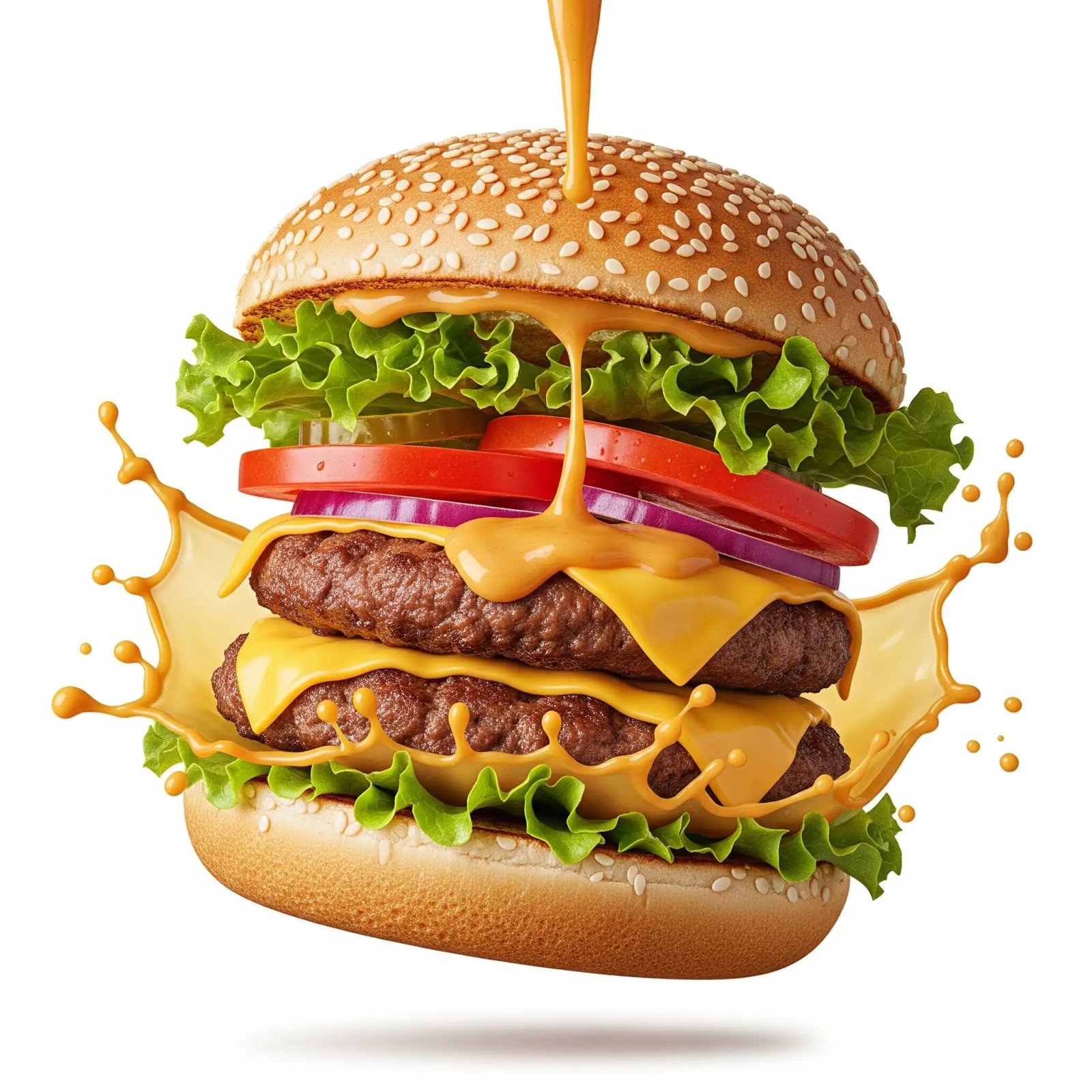 Delicious Double Cheeseburger With Pouring Sauce Splash On White Background