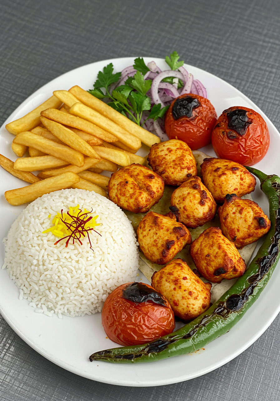 Delicious Grilled Chicken Kebab Platter With Rice Fries And Vegetables