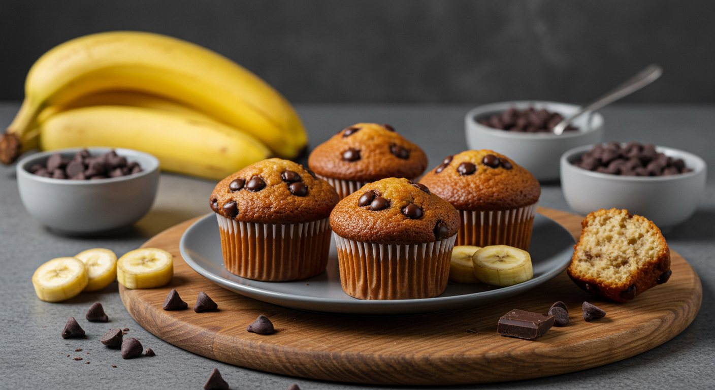 Delicious Homemade Banana Chocolate Chip Muffins With Fresh Bananas