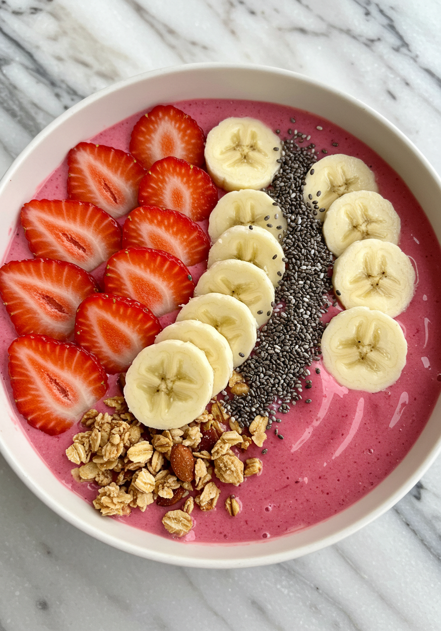 Delicious Pink Smoothie Bowl With Fresh Strawberries Bananas Granola And Chia Seeds