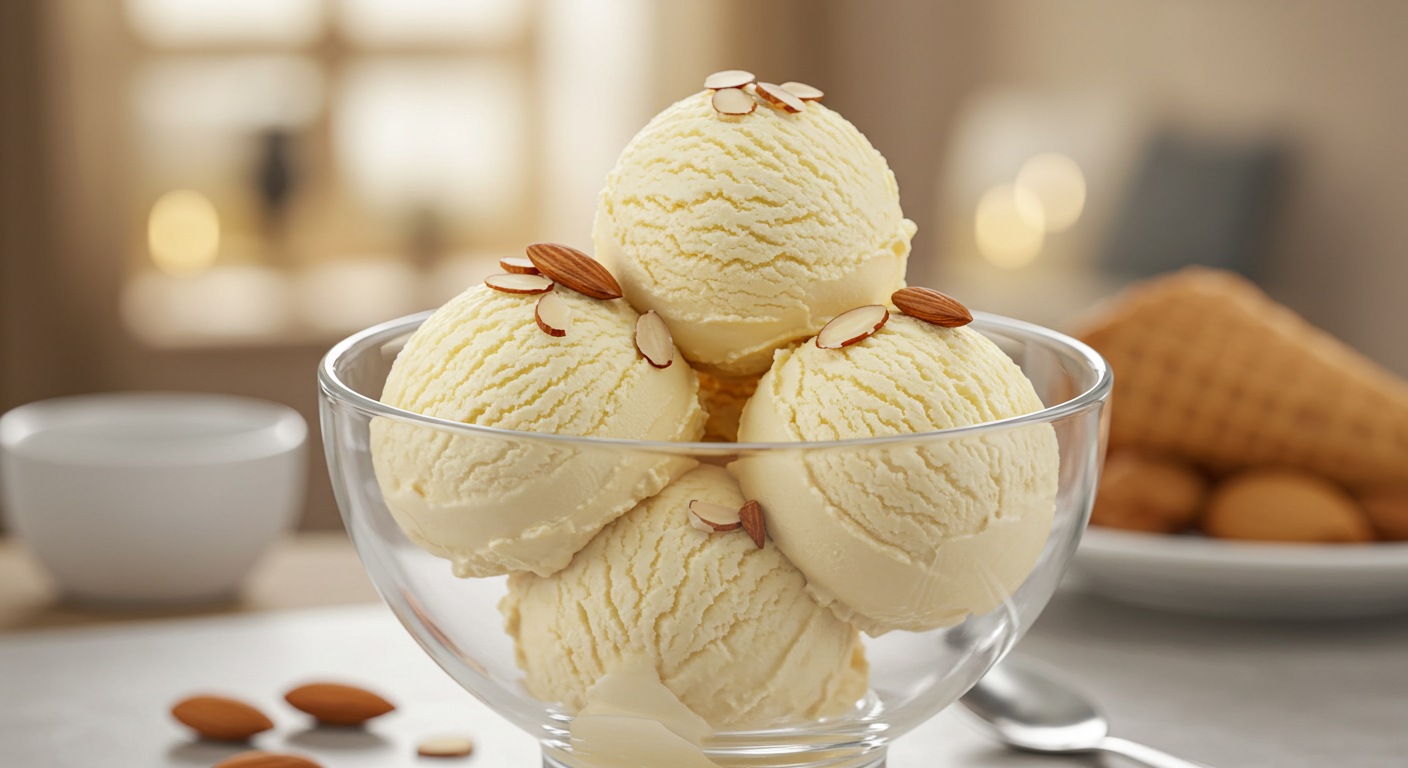 Delicious Vanilla Ice Cream Scoops With Toasted Almonds Dessert