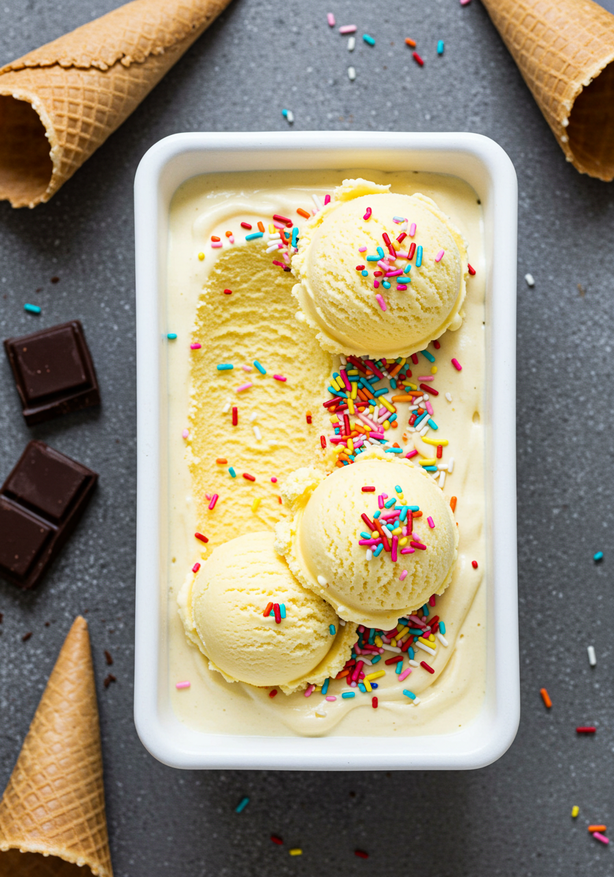 Delicious Vanilla Ice Cream With Colorful Sprinkles Waffle Cones And Chocolate