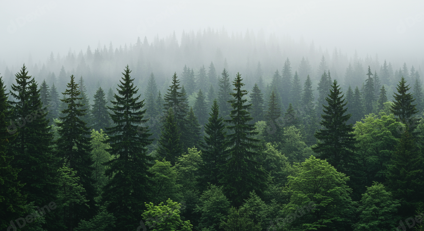 Dense Evergreen Forest With Misty Fog And Green Trees