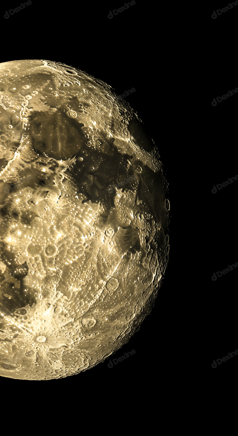 Detailed Close Up Of Golden Crescent Moon With Craters
