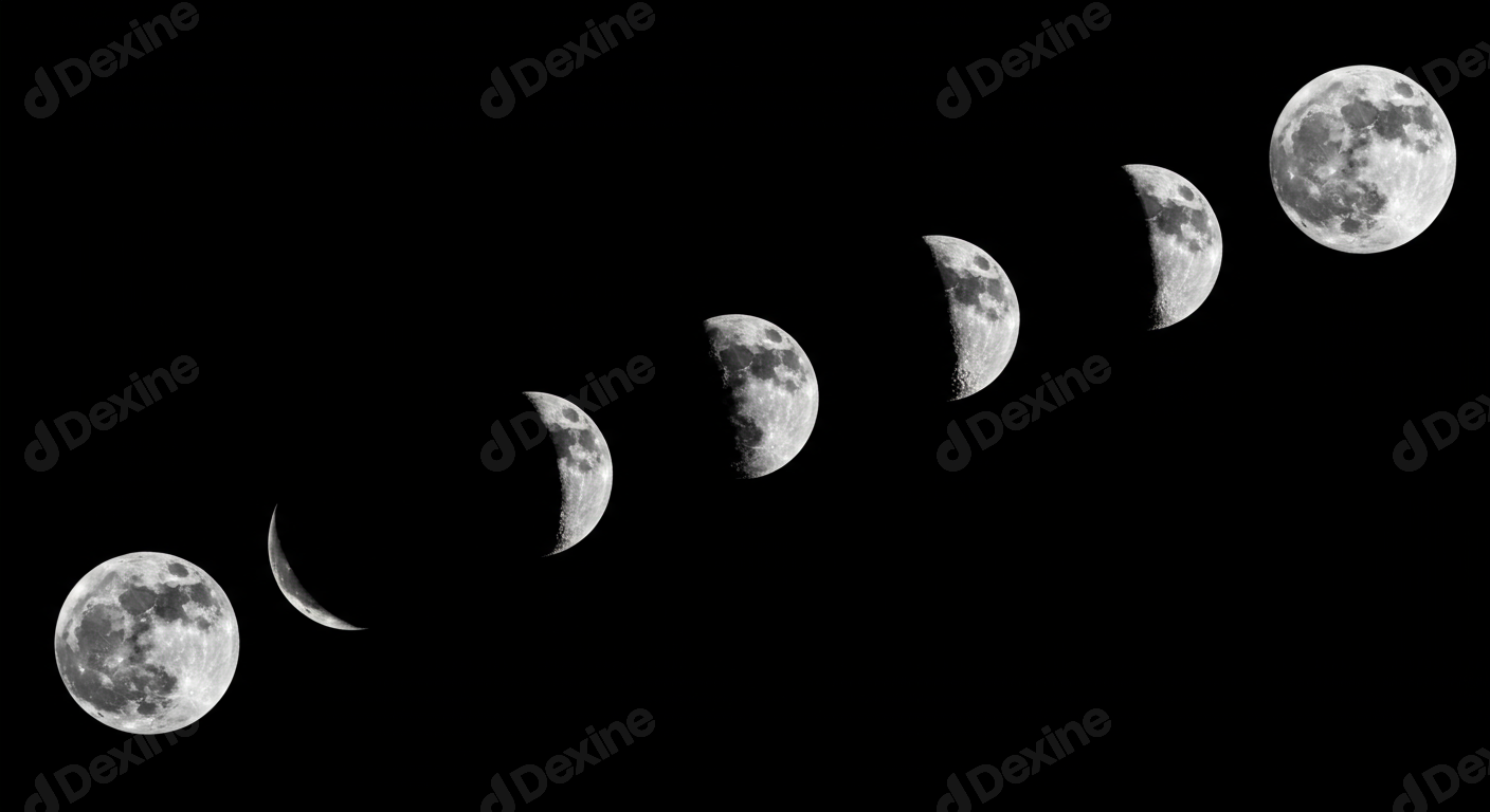 Detailed Progression Of Moon Phases In Dark Space