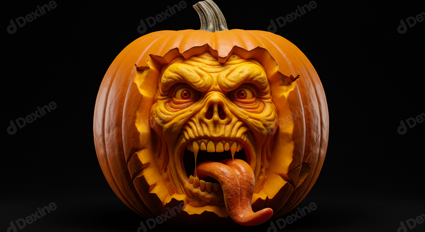 Detailed Scary Monster Face Carved Halloween Pumpkin