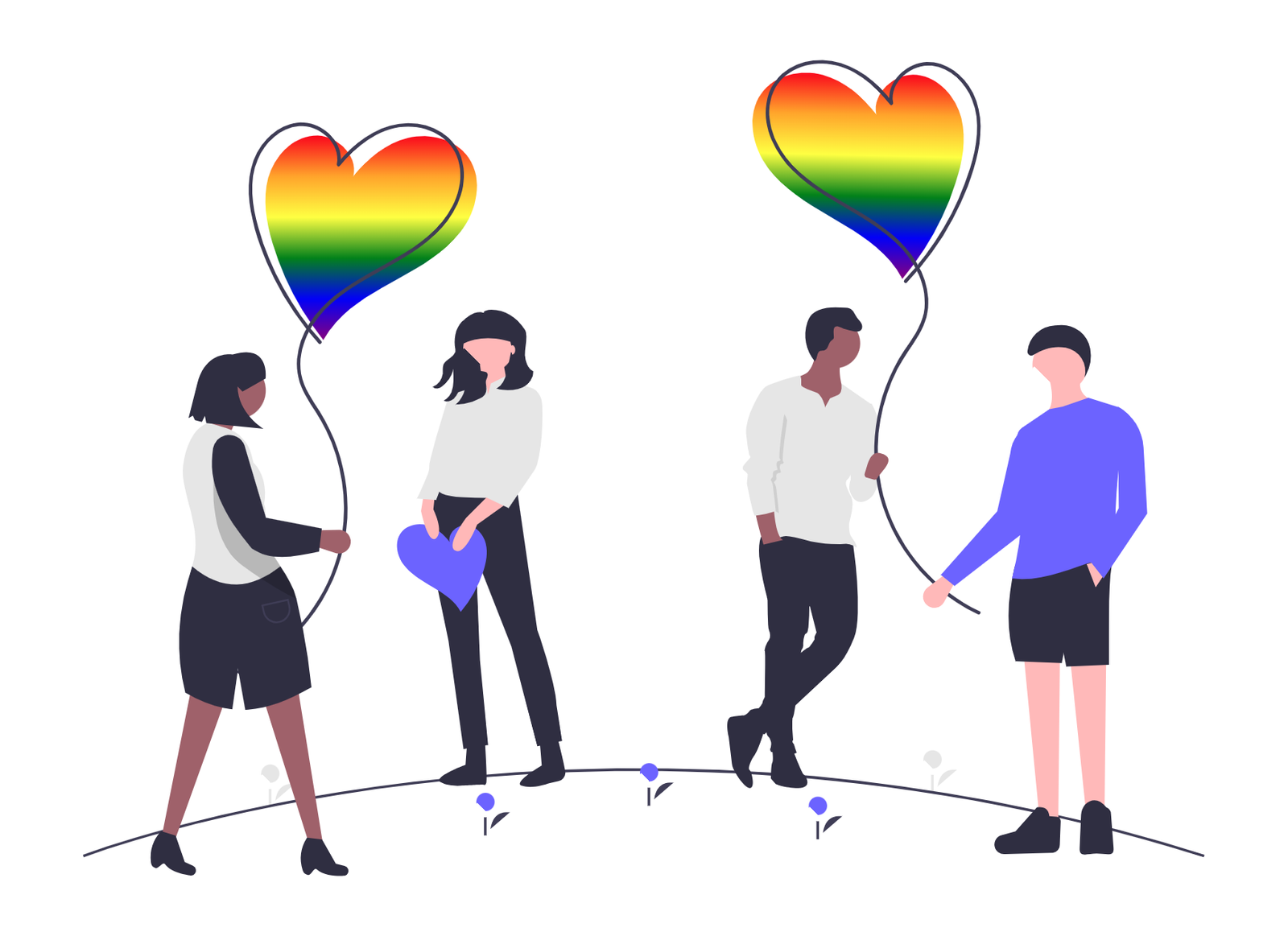 Diverse People United By Love Holding Rainbow Hearts Flat Illustration
