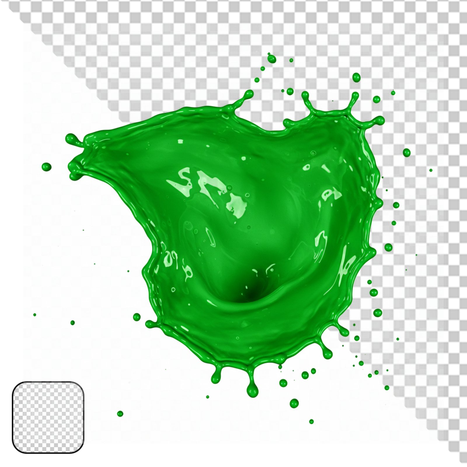 Dynamic Green Paint Splash With Drops And Transparent Background